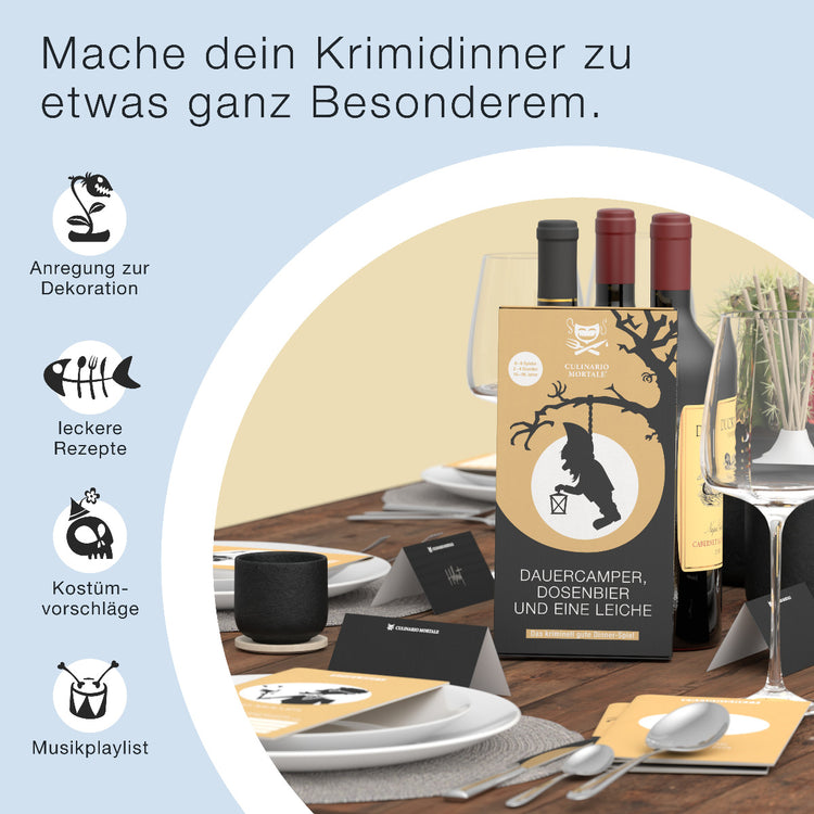 Krimi-Dinner Dauercamper, Dosenbier und eine Leiche