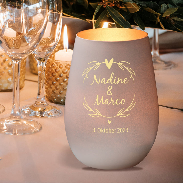 Windlicht Hochzeit Kranz personalisiert