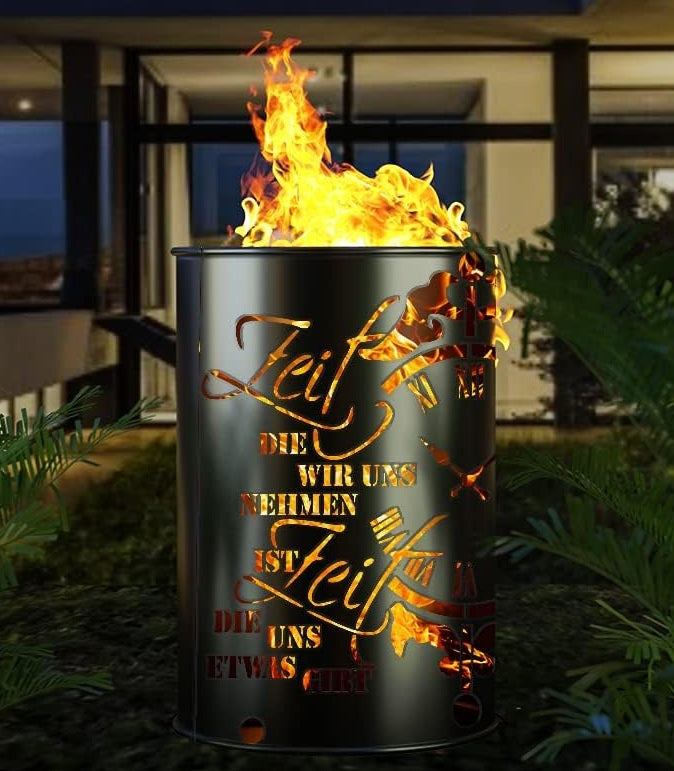 Feuertonne mit - Zeit - Motiv - Gefertigt aus neuem Ölfass