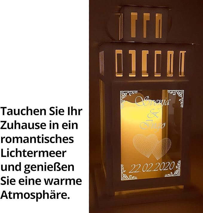 Weiße Hochzeitslaterne aus Metall - mit Gravur