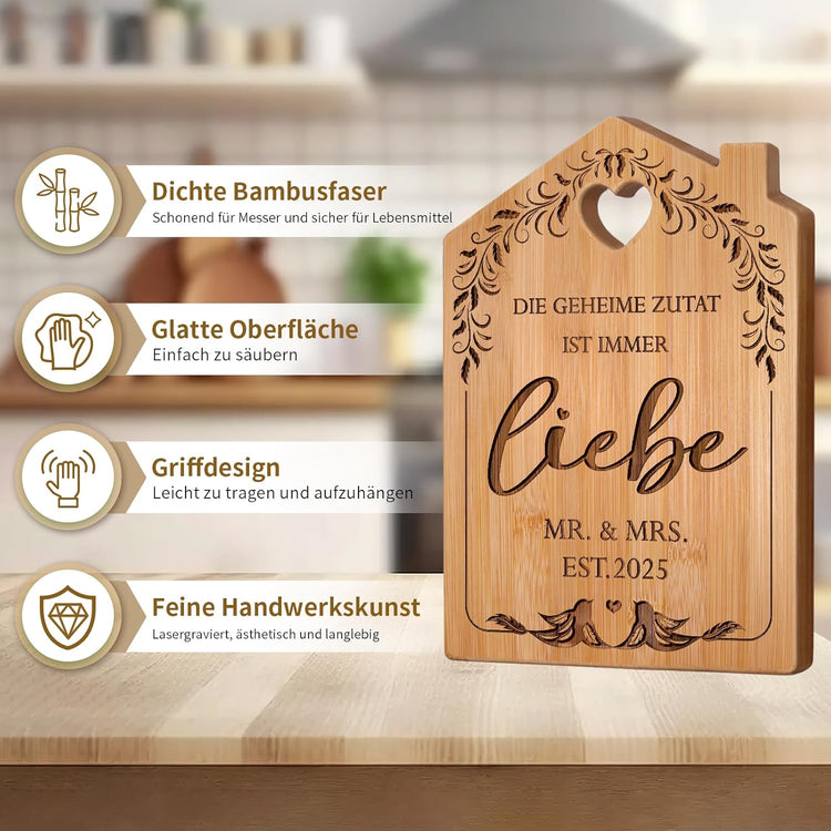 Graviertes Bambus Schneidbrett zur Hochzeit - Mr & Mrs