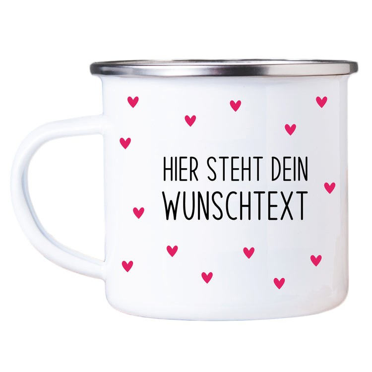 Emailletasse Herzen mit Wunschtext