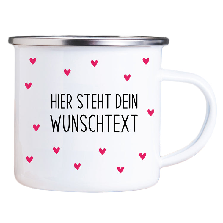 Emailletasse Herzen mit Wunschtext