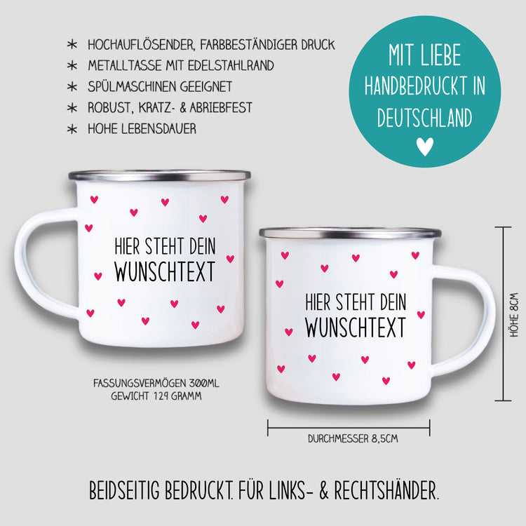 Emailletasse Herzen mit Wunschtext