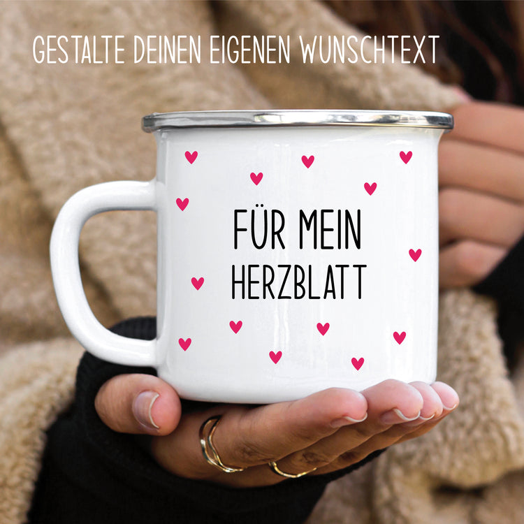 Emailletasse Herzen mit Wunschtext
