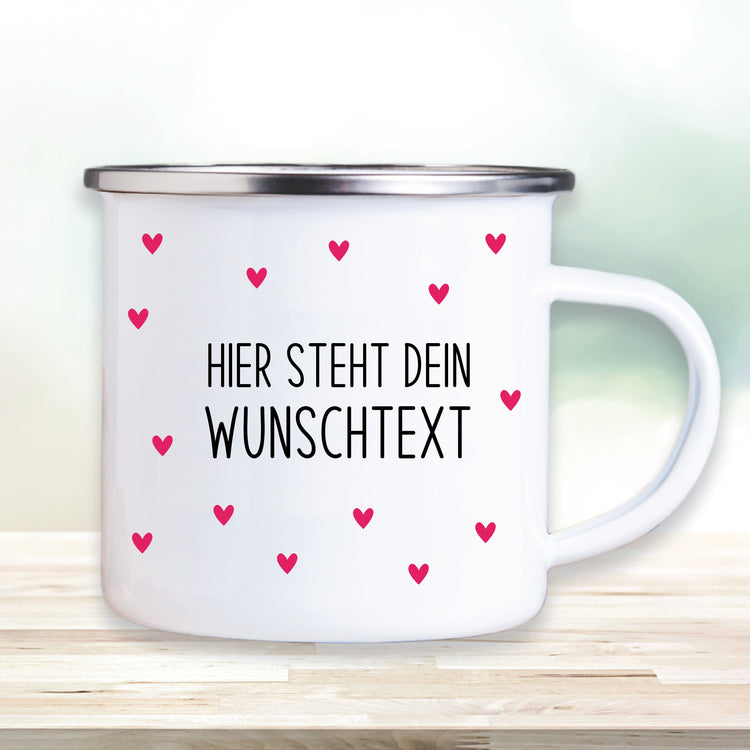 Emailletasse Herzen mit Wunschtext