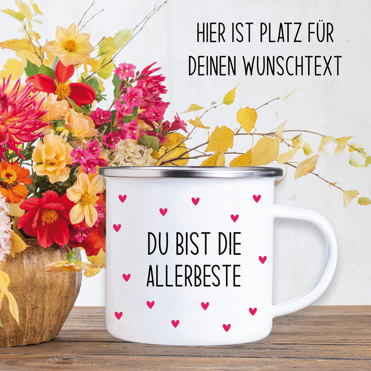 Emailletasse Herzen mit Wunschtext
