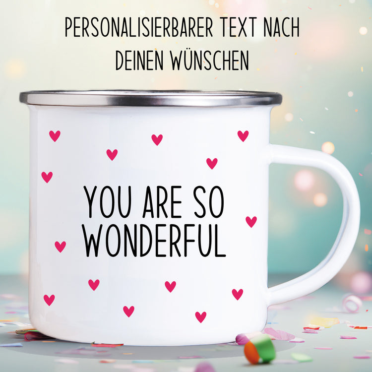 Emailletasse Herzen mit Wunschtext