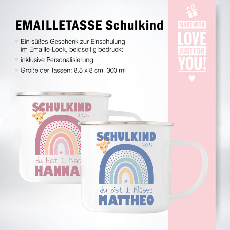 Emailletasse Schulkind Design Regenbogen - personalisiert