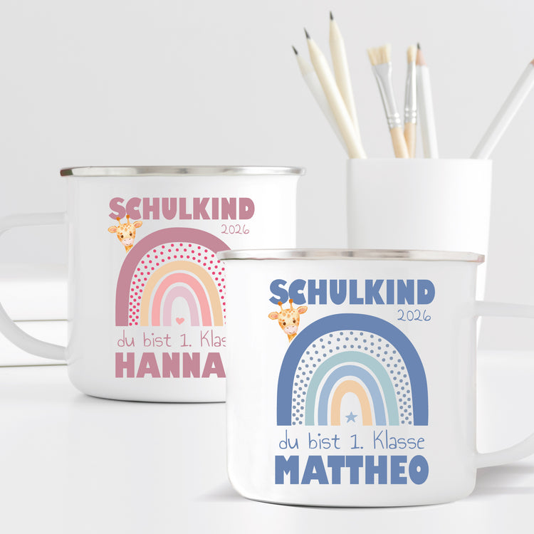 Emailletasse Schulkind Design Regenbogen - personalisiert