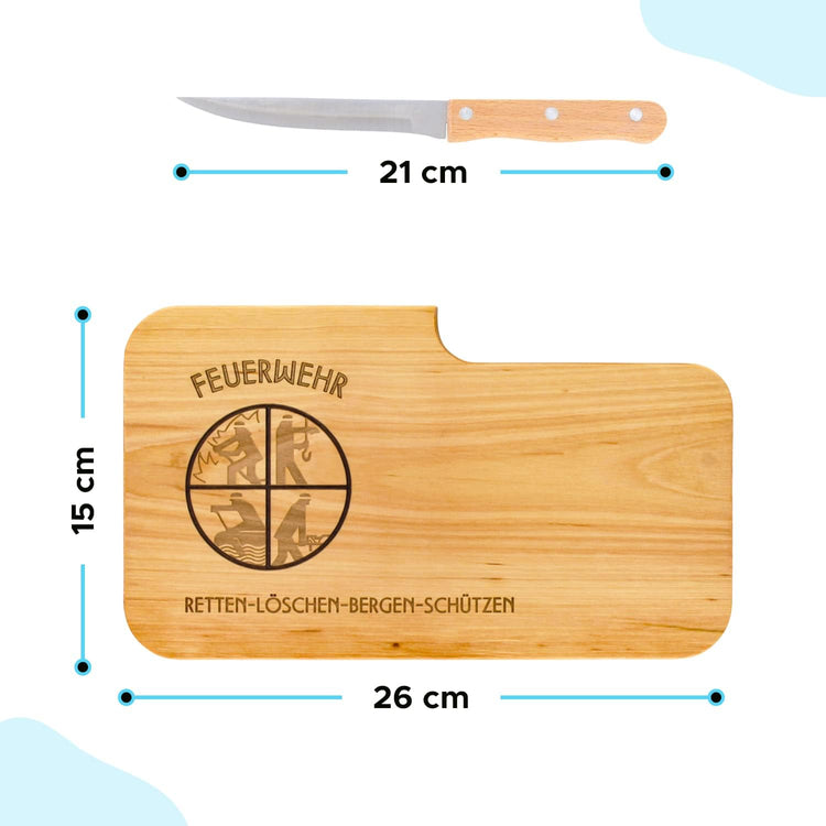 Brotzeitbrett Holz mit Gravur “Feuerwehr” & Messer