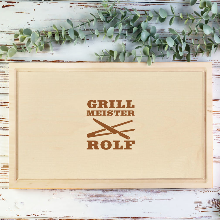 Schneidebrett Grillmeister mit Grillzangen - personalisiert