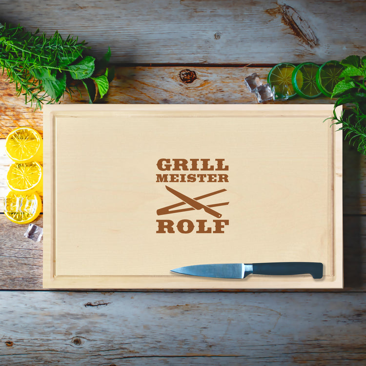 Schneidebrett Grillmeister mit Grillzangen - personalisiert