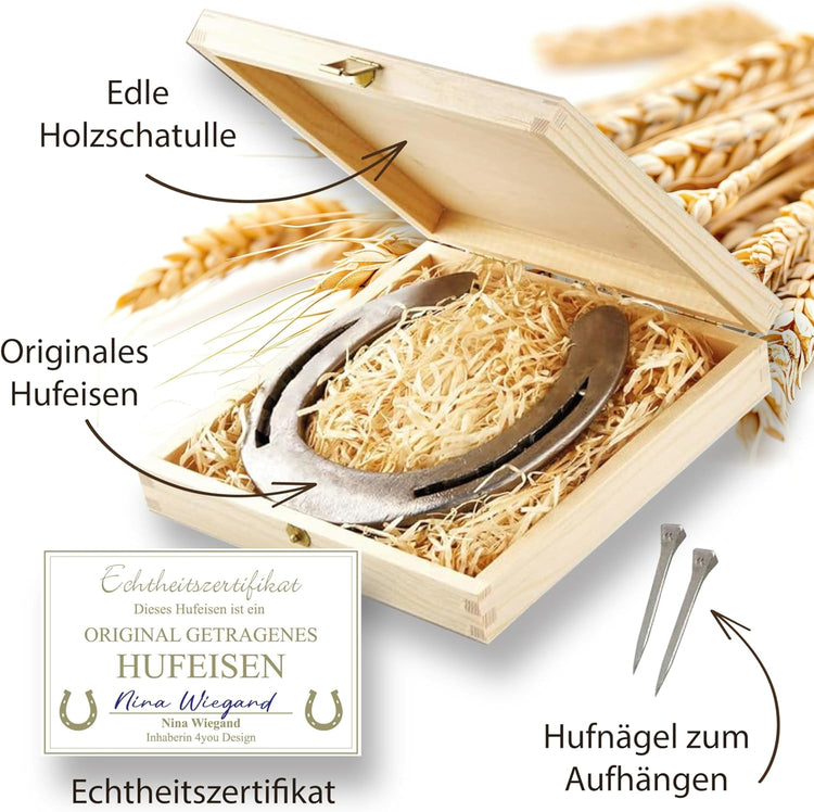 Hufeisen Geschenk in Holzbox Viel Glück Kleeblatt
