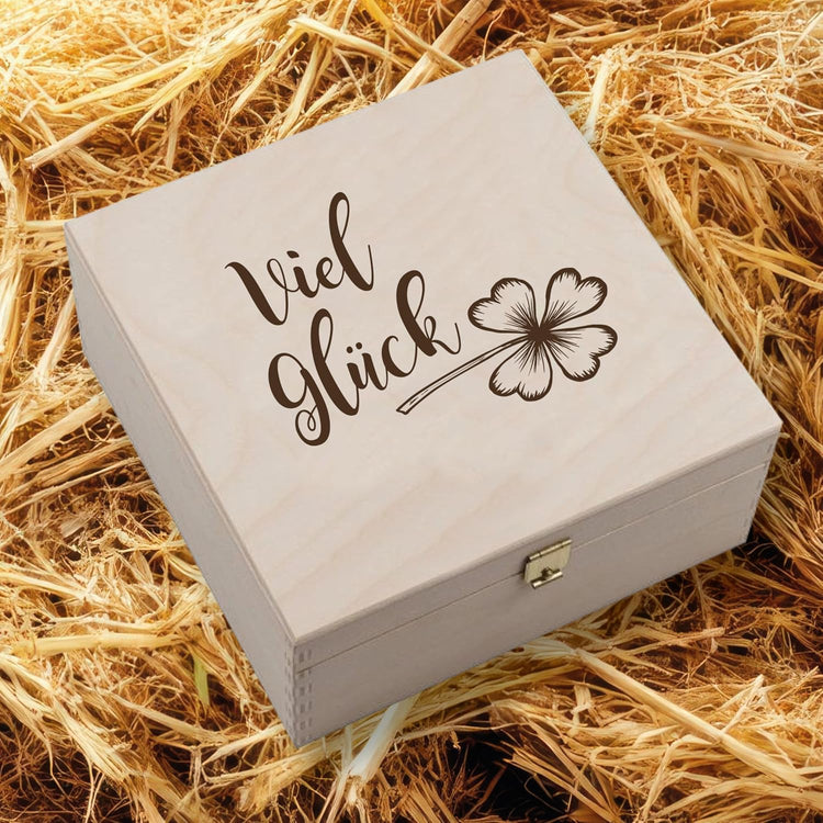 Hufeisen Geschenk in Holzbox Viel Glück Kleeblatt
