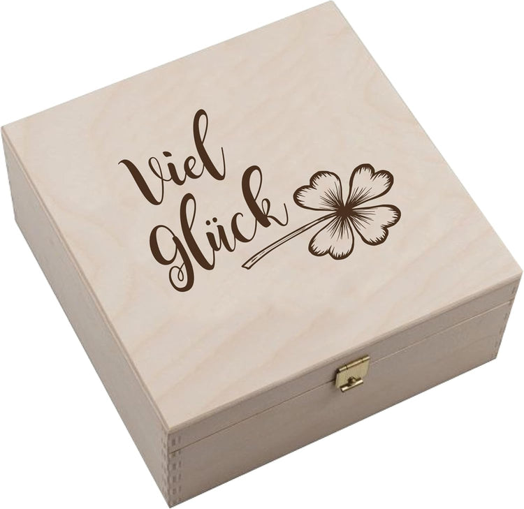 Hufeisen Geschenk in Holzbox Viel Glück Kleeblatt