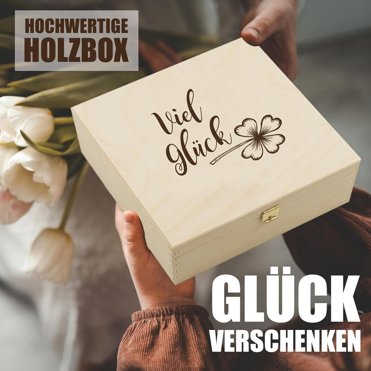 Hufeisen Geschenk in Holzbox Viel Glück Kleeblatt