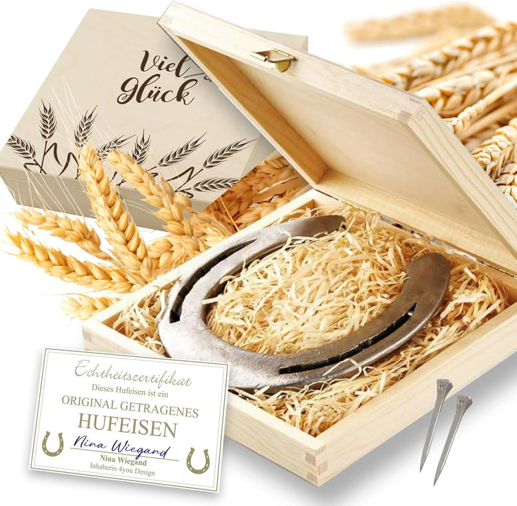 Hufeisen Geschenk in Holzbox Viel Glück Ähren