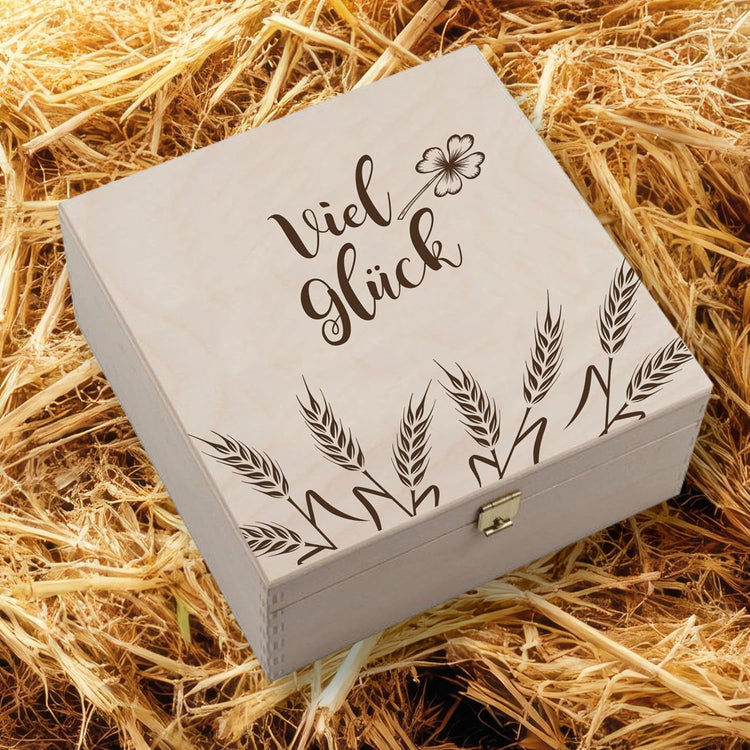 Hufeisen Geschenk in Holzbox Viel Glück Ähren
