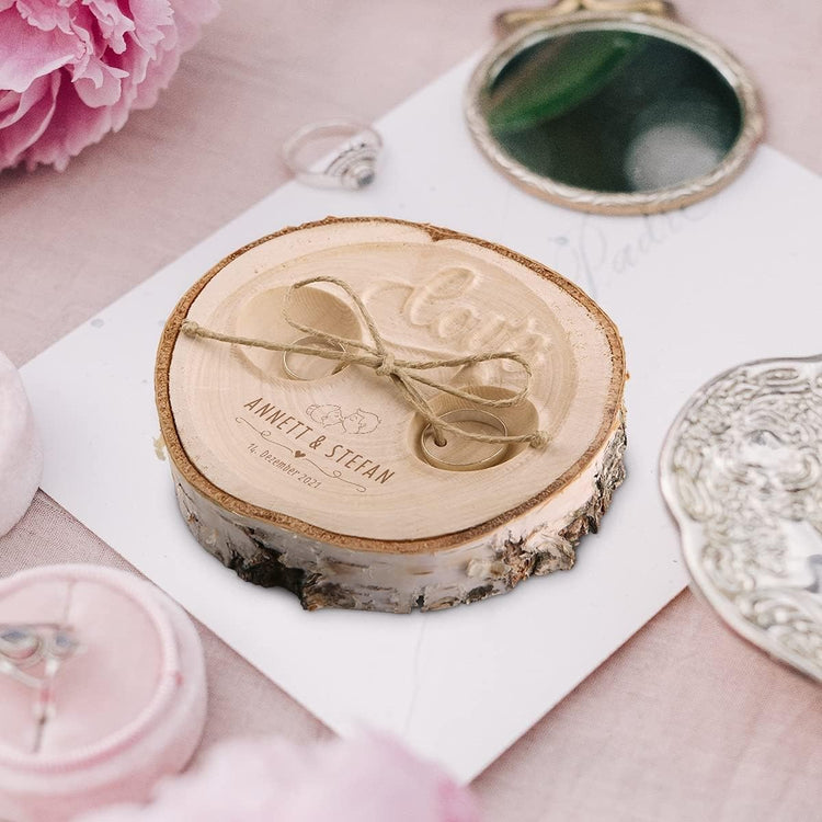 Ringkissen zur Hochzeit - Birkenscheibe - Boho Trauringkissen - personalisierbar