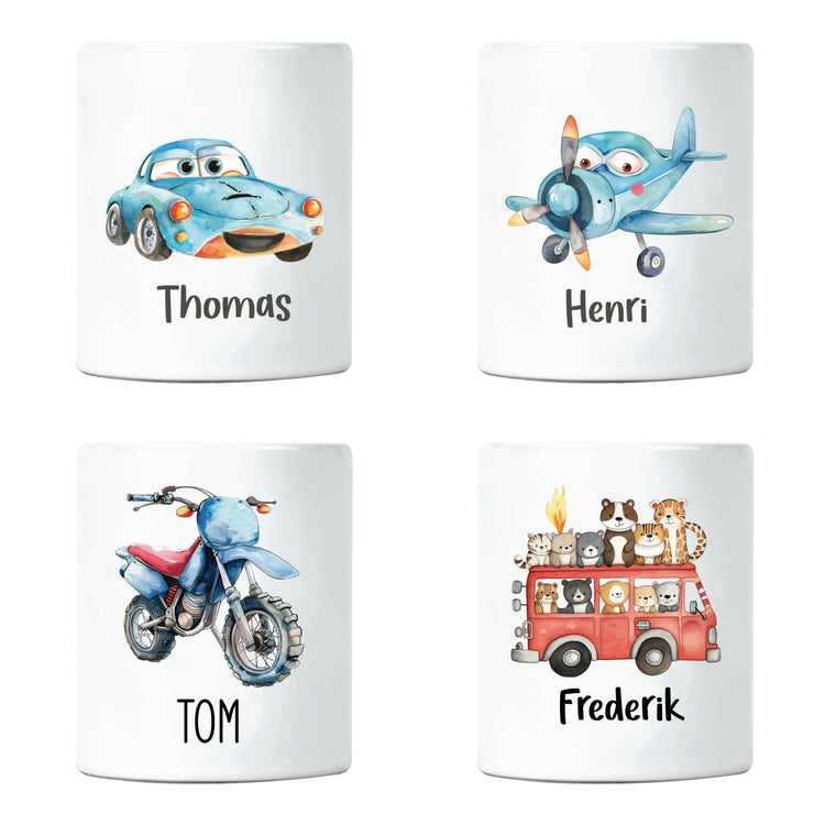 Keramik Spardose für Kinder Fahrzeuge + Dein Name - verschiedene Motive