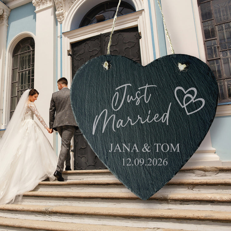 Schieferherz - Just Married mit Wunschnamen & Datum