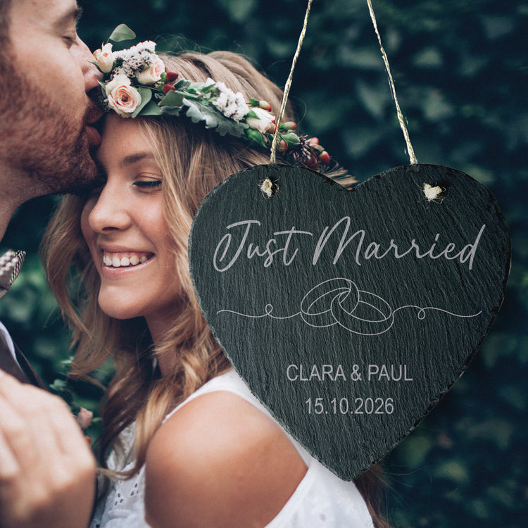 Schieferherz - Just Married - Ringe mit Wunschnamen & Datum