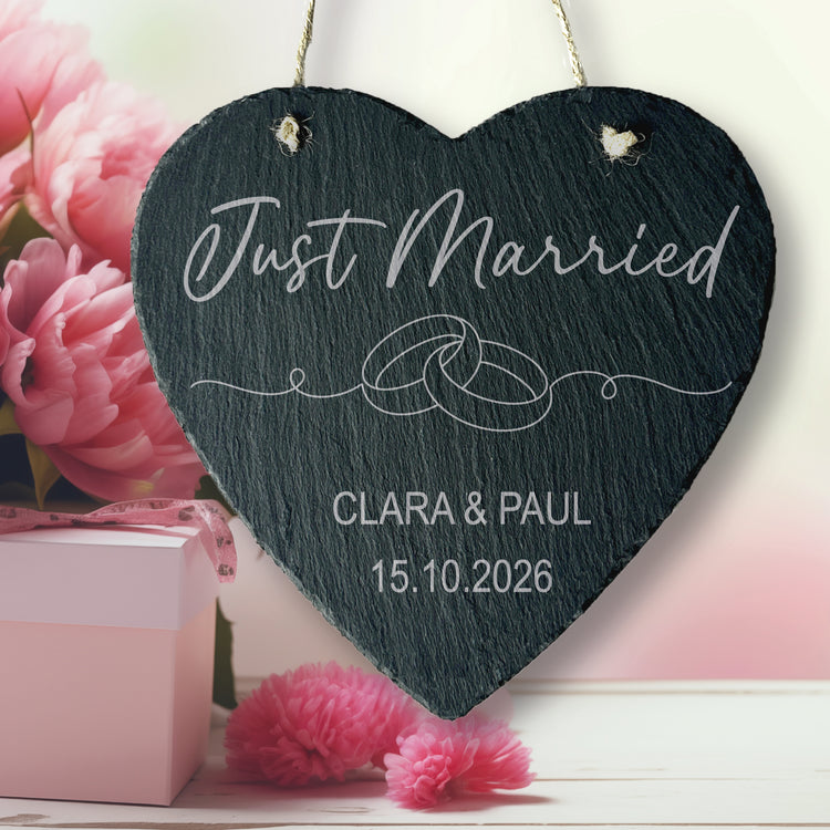 Schieferherz - Just Married - Ringe mit Wunschnamen & Datum