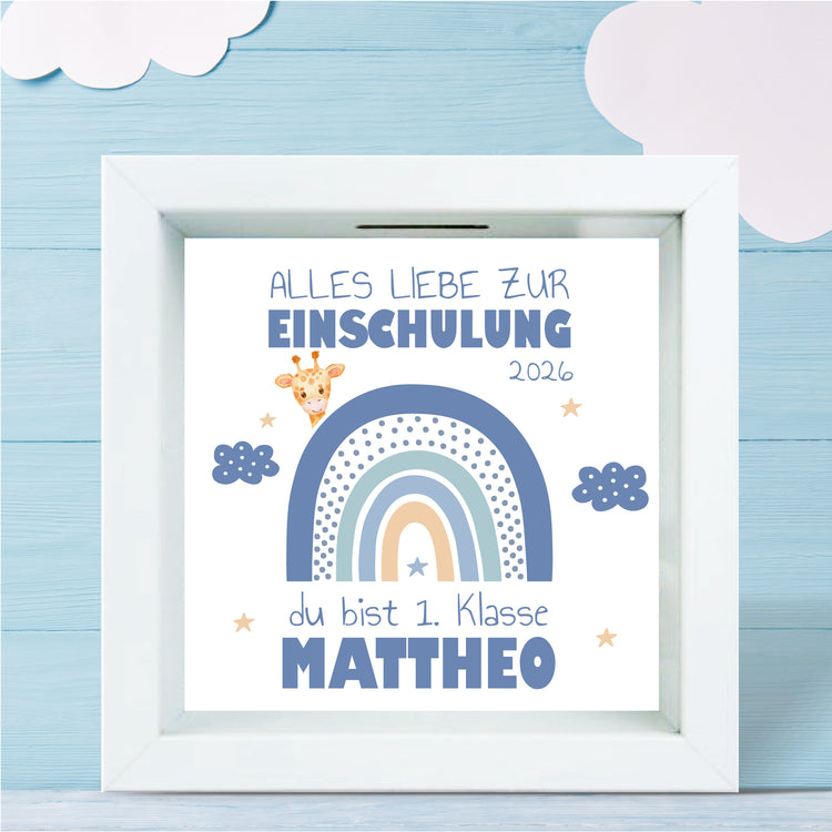3D-Bilderrahmen-Spardose Schulkind Design Regenbogen - personalisiert