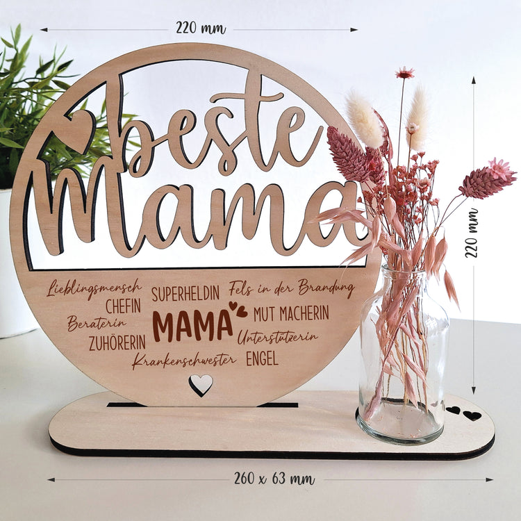 Holzaufsteller beste Mama - Superheldin mit Trockenblumen & Vase