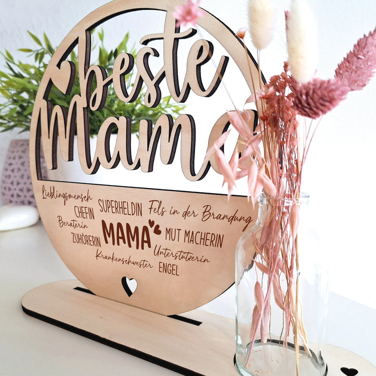 Holzaufsteller beste Mama - Superheldin mit Trockenblumen & Vase
