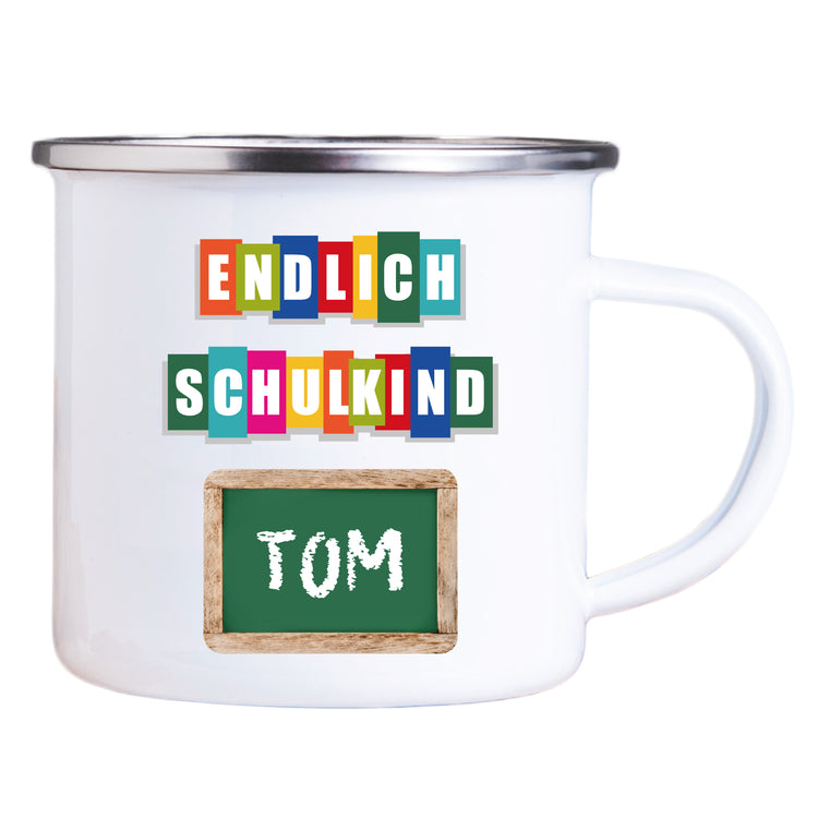 Emailletasse Endlich Schulkind mit Name