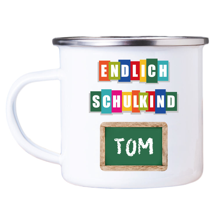 Emailletasse Endlich Schulkind mit Name