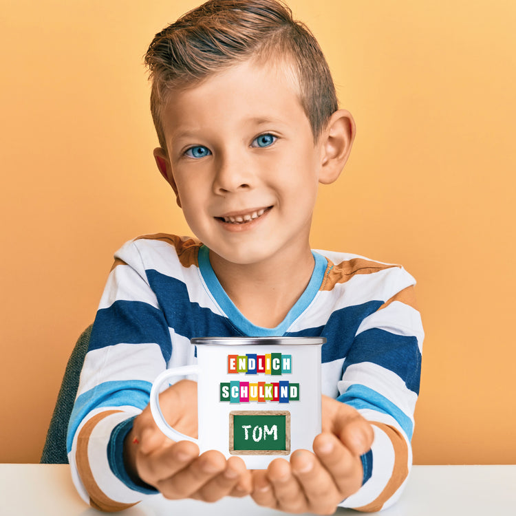 Emailletasse Endlich Schulkind mit Name