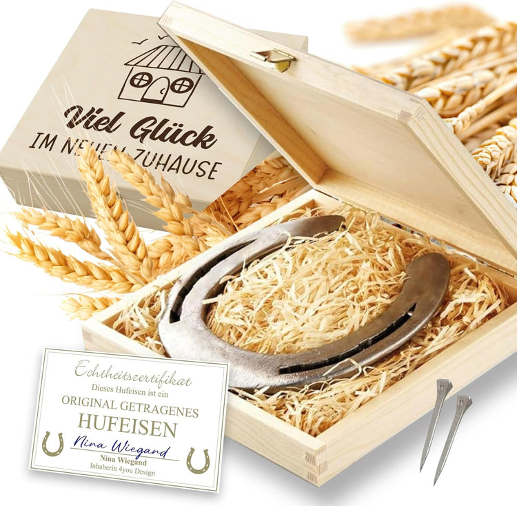 Hufeisen Geschenk in Holzbox Viel Glück im neuen Zuhause