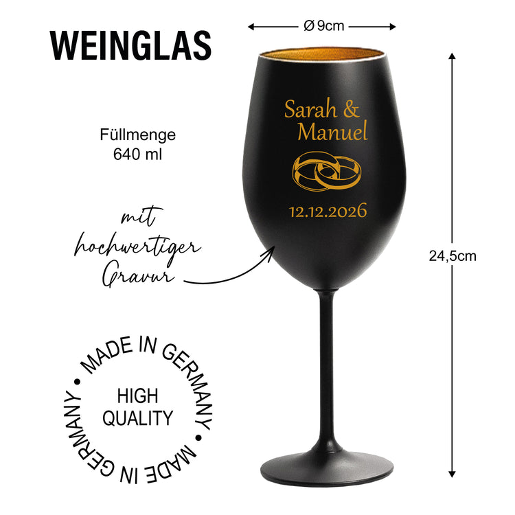 Farbiges Weinglas Set zur Hochzeit - Ringe mit Personalisierung