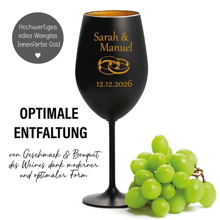 Farbiges Weinglas Set zur Hochzeit - Ringe mit Personalisierung
