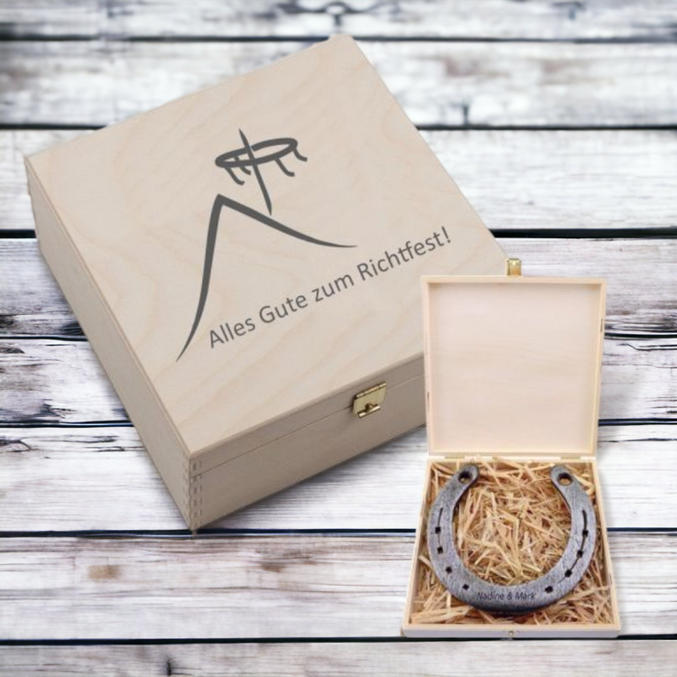 Hufeisen-Box Alles Gute zum Richtfest (Hausdach und Richtkranz)