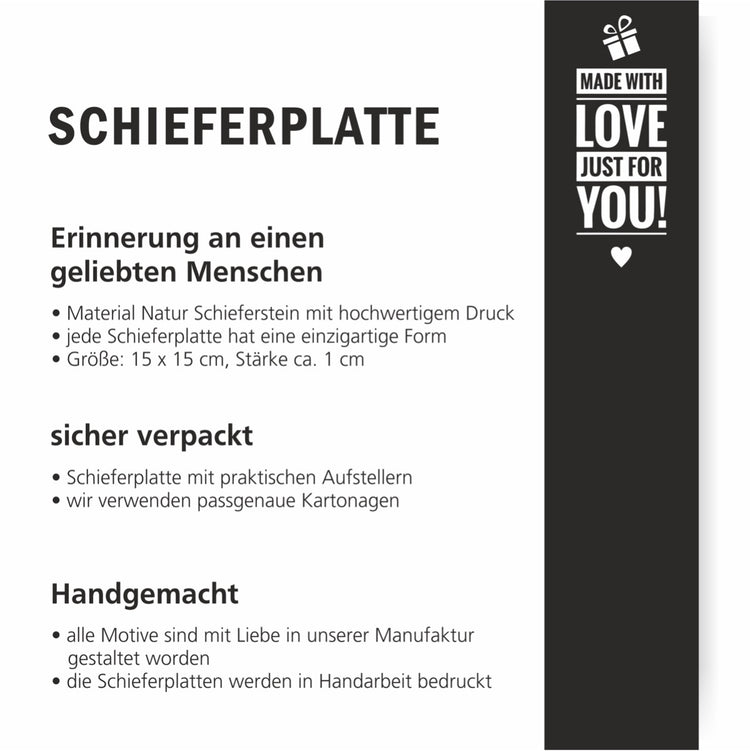 Schiefertafel mit Fotodruck - personalisiert mit Namen und Datum Wir werden Dich sehr vermissen.