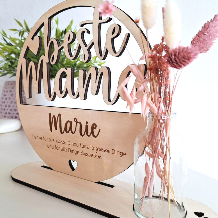 Holzaufsteller beste Mama mit Trockenblumen & Vase - personalisiert
