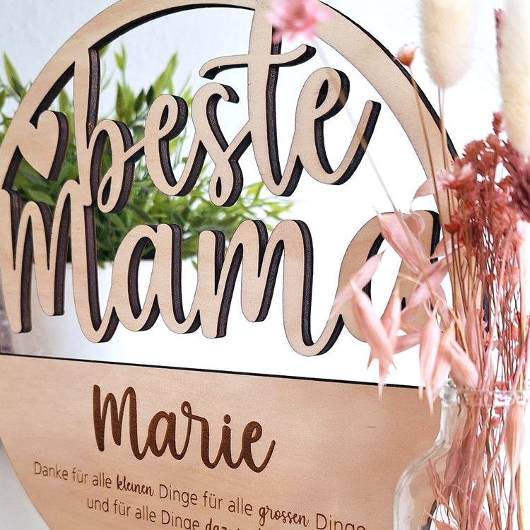 Holzaufsteller beste Mama mit Trockenblumen & Vase - personalisiert