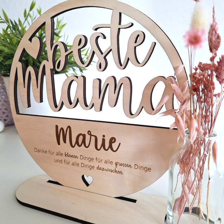 Holzaufsteller beste Mama mit Trockenblumen & Vase - personalisiert