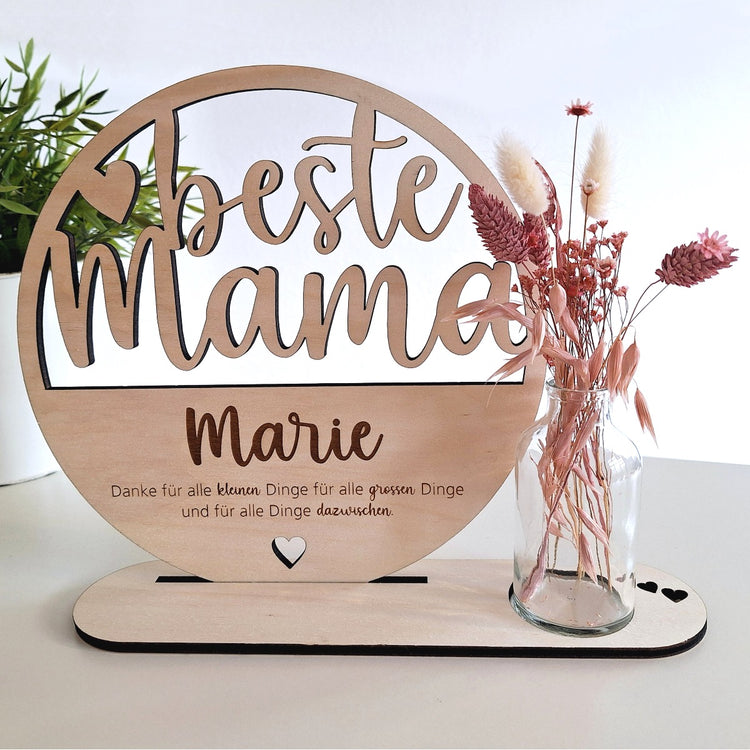 Holzaufsteller beste Mama mit Trockenblumen & Vase - personalisiert