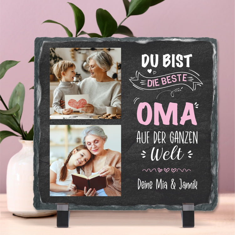 Schiefertafel mit 2 Fotos & Text Du bist die beste Oma auf der ganzen Welt - personalisierbar