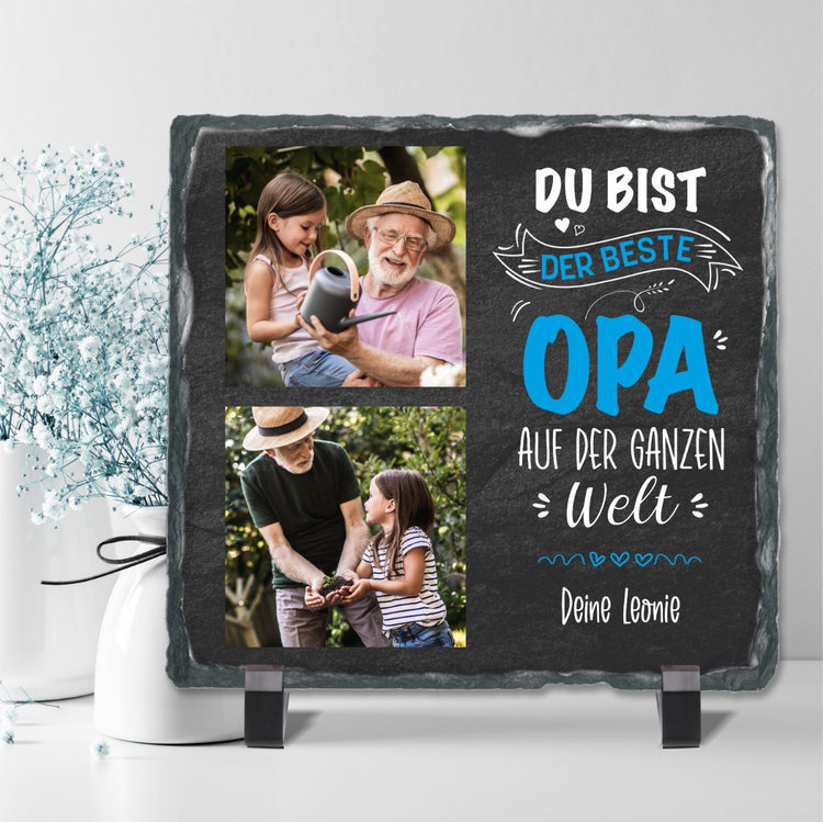 Schiefertafel mit 2 Fotos & Text Du bist der beste Opa auf der ganzen Welt - personalisierbar