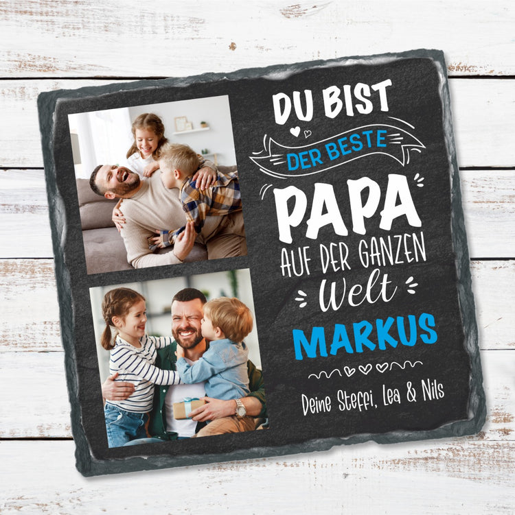 Schiefertafel mit 2 Fotos & Text Du bist der beste Papa auf der ganzen Welt - personalisierbar
