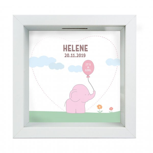 3D-Bilderrahmen Spardose zur Geburt mit Name und Datum