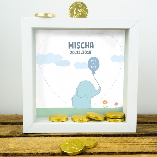 3D-Bilderrahmen Spardose zur Geburt mit Name und Datum