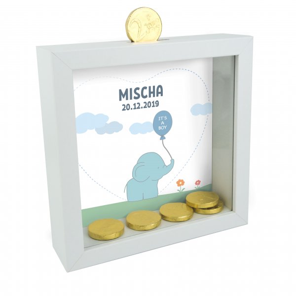 3D-Bilderrahmen Spardose zur Geburt mit Name und Datum