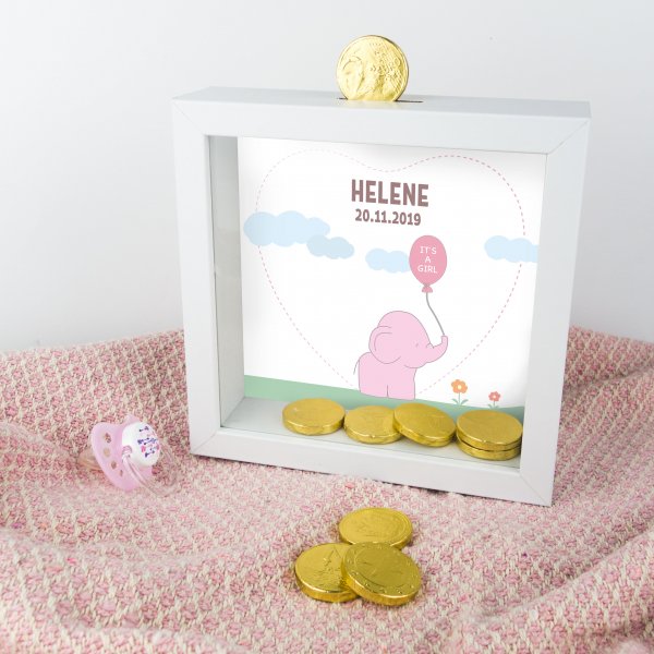 3D-Bilderrahmen Spardose zur Geburt mit Name und Datum